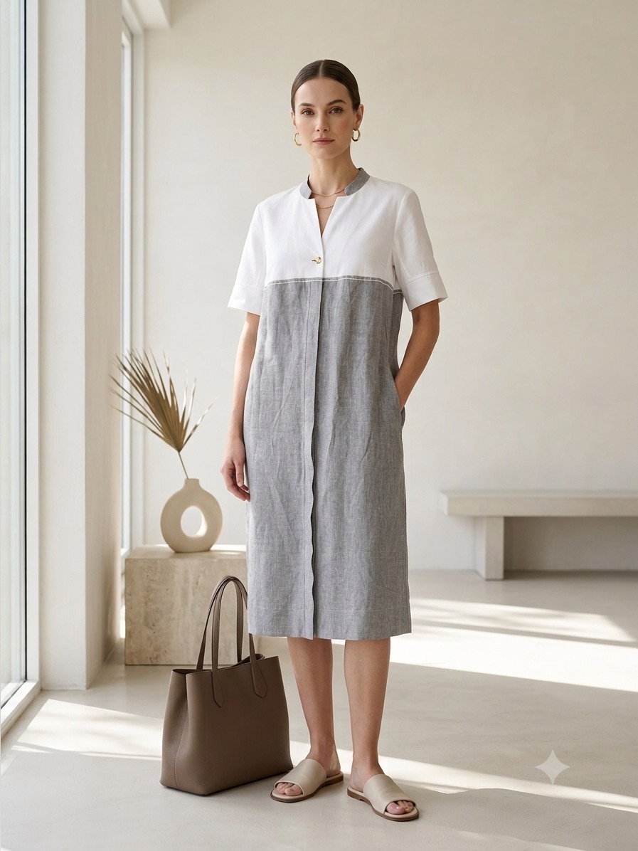 Hubert Gasser White & Grey Colorblock Linen Midi Shirt Dress - Us 10 (It 46)